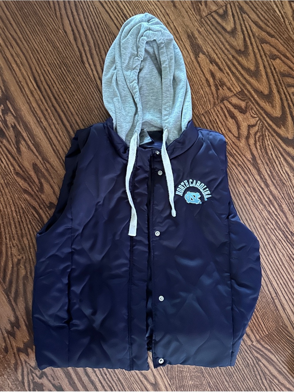 Women’s Navy Puffer Vest with Gray Hood UNC
